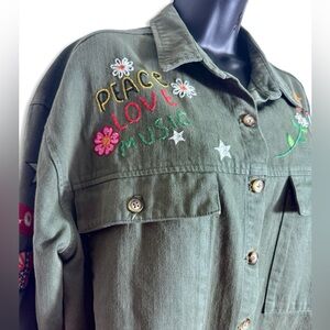 BILLY T Embroidered Canvas Button Down Shirt 70's Inspired Make Love Not War